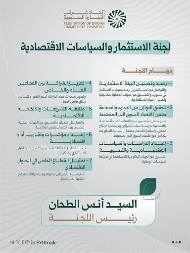 اتحاد غرف التجارة السورية يعلن مهام لجنة الاستثمار والسياسات الاقتصادية برئاسة أنس الطحان